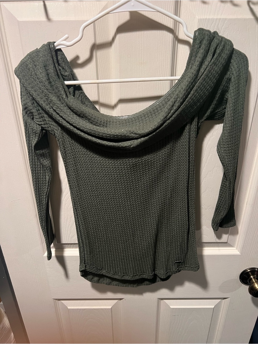 Hollister Olive Green Off-the-Shoulder Waffle Knit Sweater